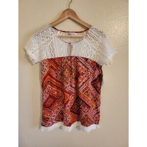 HARLOW & ROSE Red with Lace Accent Boho Blouse NEW WITH TAGS Size S